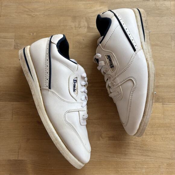 ETONIC Retro 7091 Metal SPIKED GOLF SHOES WHITE Pinstripe LEATHER UPPER MENS 8 M - Picture 1 of 10